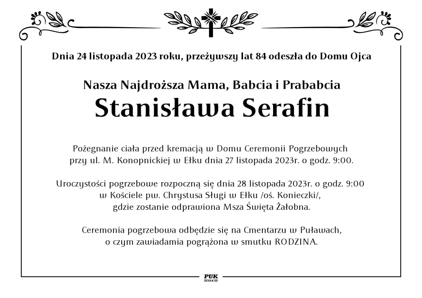 Stanisława Serafin - nekrolog